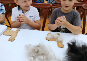 Chłopcy ozdabiają szablon alpaki naturalnym futrem alpak