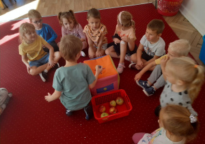 Dzieci szukają w pudle jabłek pomieszanych z piłeczkami