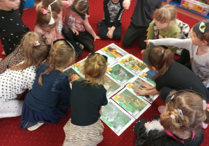Dzieci oglądają ilustracje z dzikimi kotami