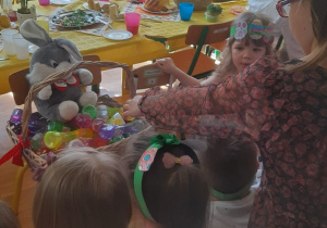 Dzieci oglądają wielkanocne prezenty