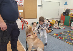 Dziecko głaszcze psa