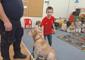 Dziecko głaszcze psa