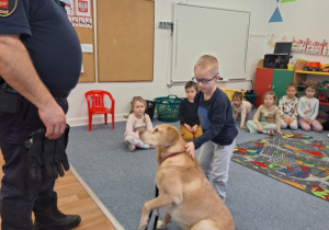 Dziecko głaszcze psa