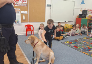 Dziecko głaszcze psa