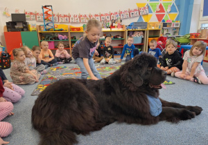Dziewczynka głaszcze siedzącego psa