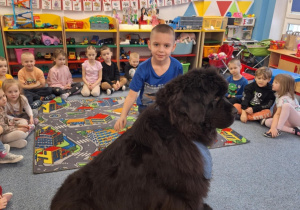 Chłopiec głaszcze siedzącego psa