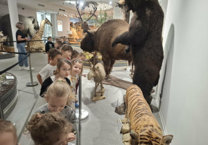 Grupa dzieci ogląda eksponaty w muzeum