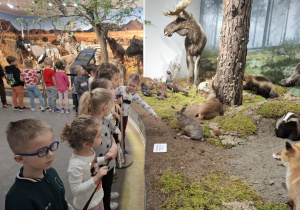 Grupa dzieci ogląda eksponaty w muzeum