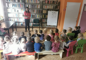 Dzieci słuchają opowieści pani bibliotekarki