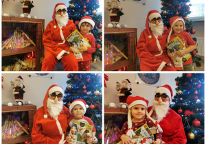 Kolaż z czterech zdjęć dzieci z Mikołajem