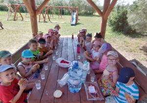 Dzieci spożywają posiłek na świeżym powietrzu
