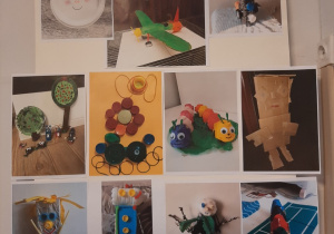 Czworo dzieci na tle wystawki prac techniczno-plastycznych „Ekośmieszek”